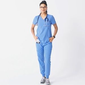 Figs Catarina top and Zamora joggers, ceil blue, size L, sold as a set!